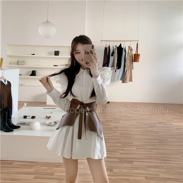 JANE’S Set đầm sơ mi trắng + Đai eo thắt lưng Hàn Quốc Vintage sang trọng thời thượng