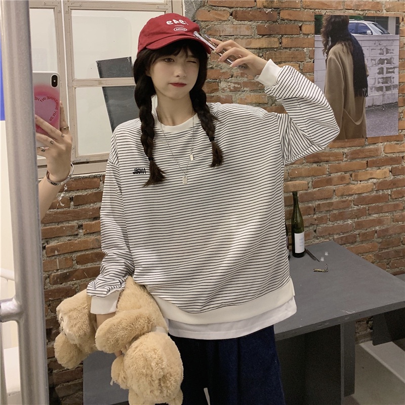 Áo sweater tay dài cổ tròn kẻ sọc kiểu retro cá tính