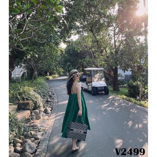 set váy maxi 2s xếp ly xanh lá đậm