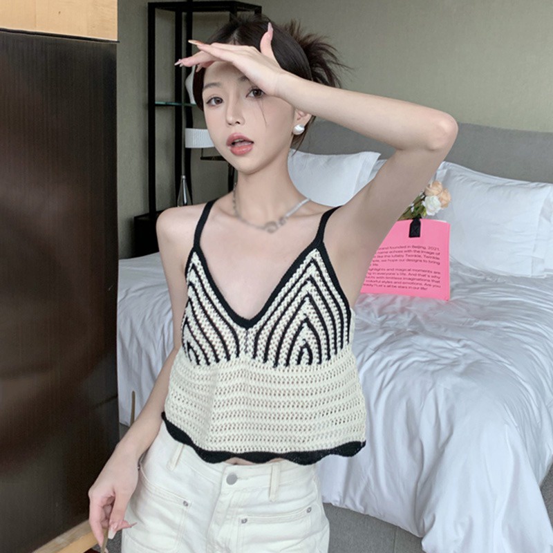 Áo Croptop Dệt Kim Không Tay Cổ Chữ V Màu Sắc Tương Phản Thời Trang Mùa Hè Dành Cho Nữ
