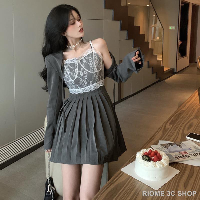 【Nước hoa miễn phí】Set Áo Khoác Phối Ren + Đầm Xếp Ly Thiết Kế Mới Xinh Xắn Thời Trang