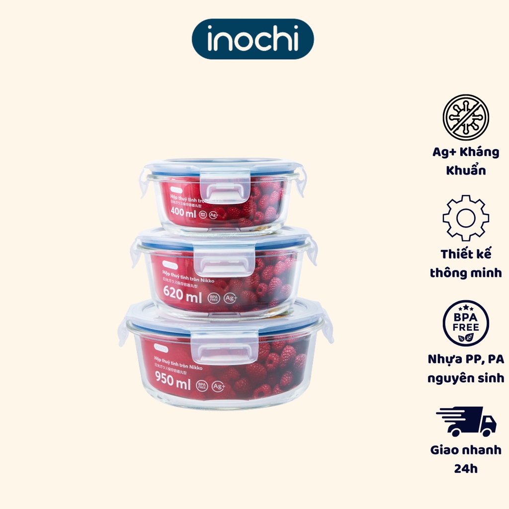 Hộp thủy tinh tròn cao cấp inochi, chịu nhiệt, an toàn lò vi sóng, nắp có lỗ thoát hơi