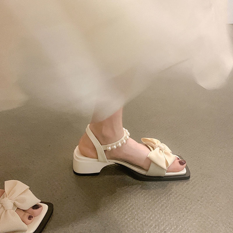 Giày Sandal Roman Gót Thấp Đính Nơ Và Ngọc Trai Dễ Thương Xinh Xắn Dành Cho Nữ