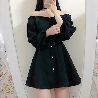 Đầm đen nút tròn tay dài (kèm hình thật)