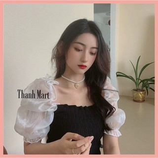 Áo CROPTOP dệt kim phối tay vải organza bồng xinh