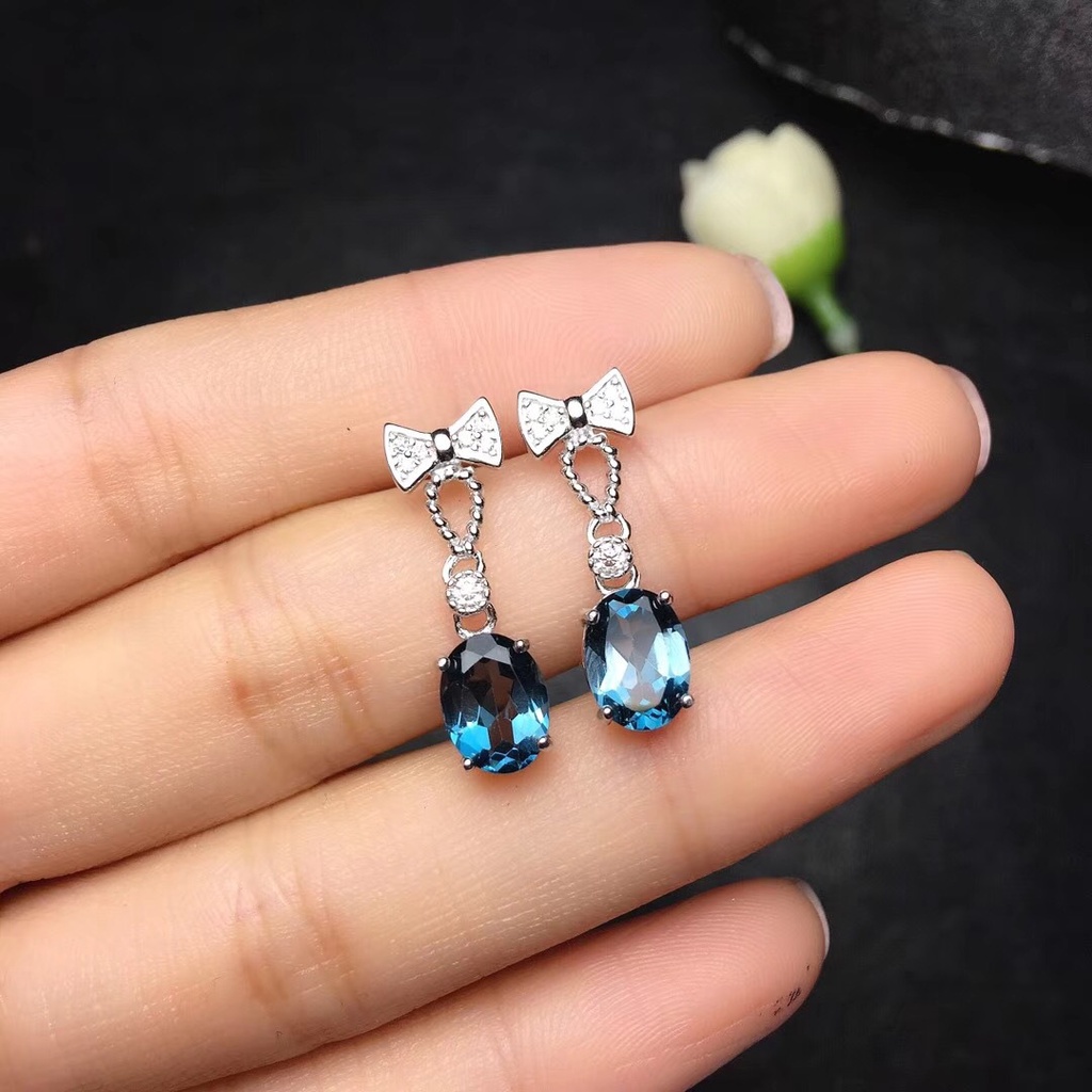 Khuyên Tai Nơ Đính Đá Xanh Lam Mới Pt950-JHS4-E