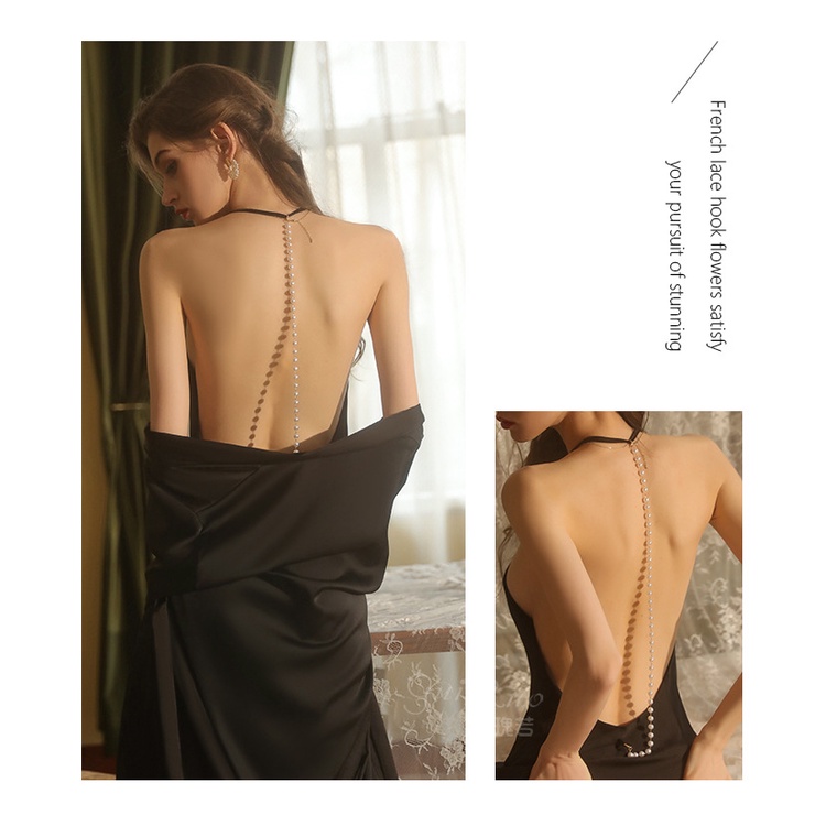 Váy ngủ hai dây sexy vải lụa mềm lưng dây hạt quyến rũ