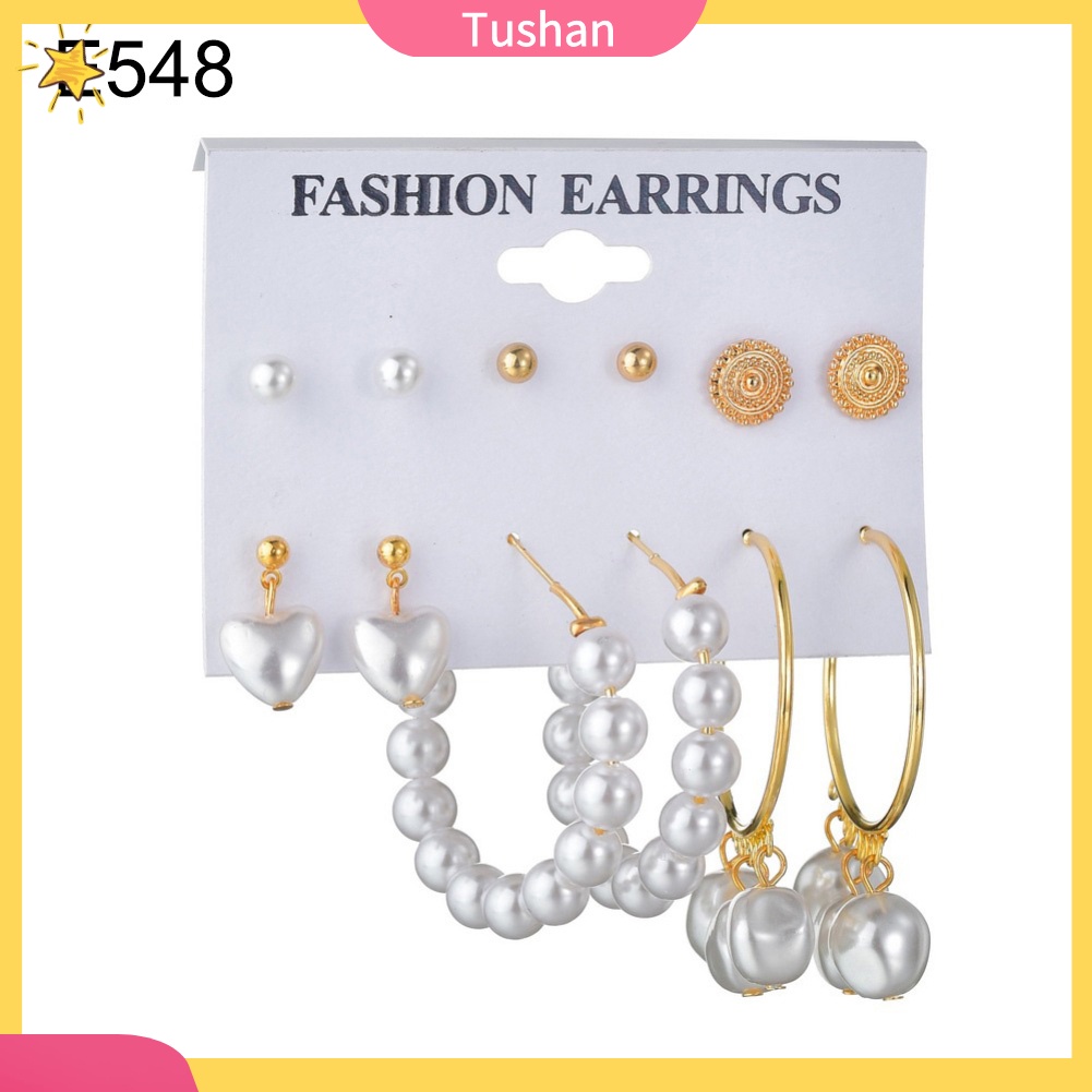 TUSH 6Pairs Women Faux Pearl Tassel Geometric Dangle Ear Studs Hoop Earrings Jewelry