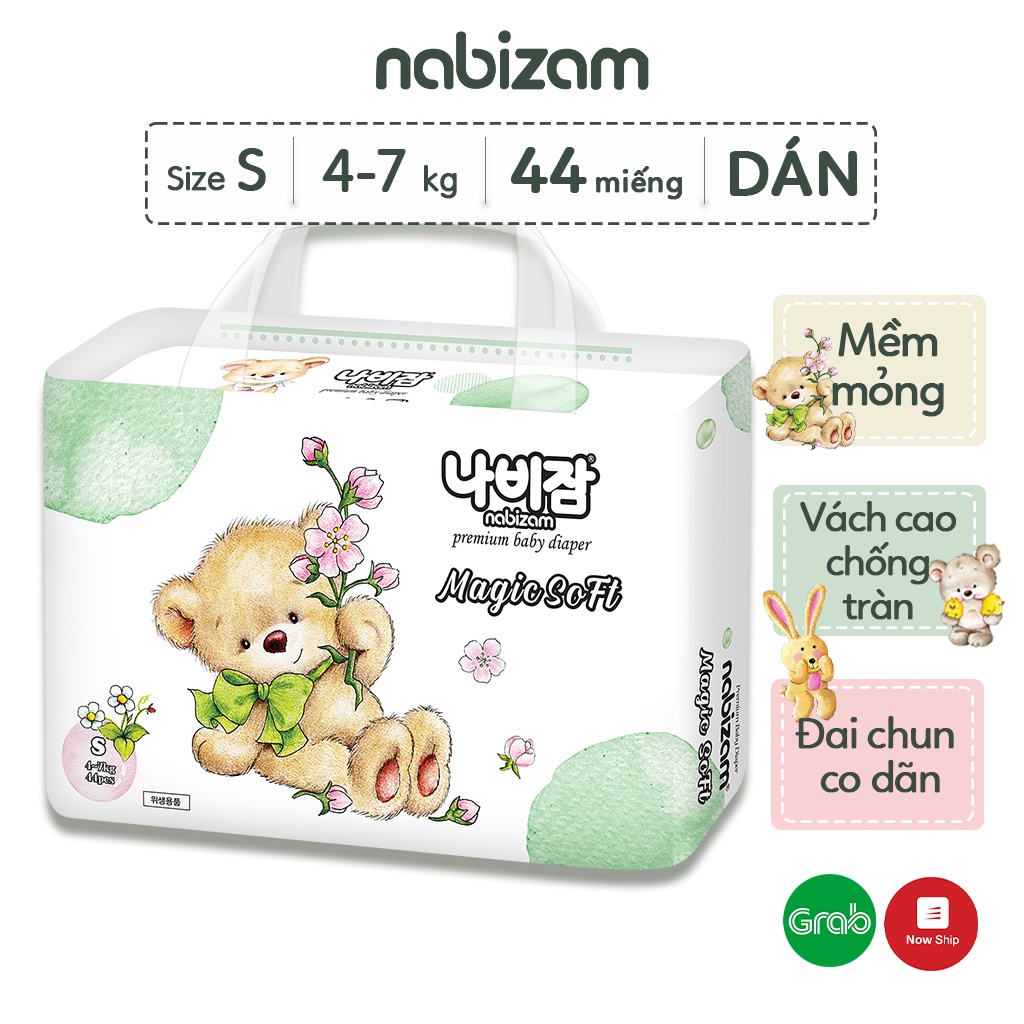 Tã/Bỉm Dán NABIZAM Magic Soft Hàn Êm Ái, Mỏng Nhẹ, Thấm Hút Tối Đa Cho Bé Thoải Mái Vận Động Size S/4-7kg/44 miếng