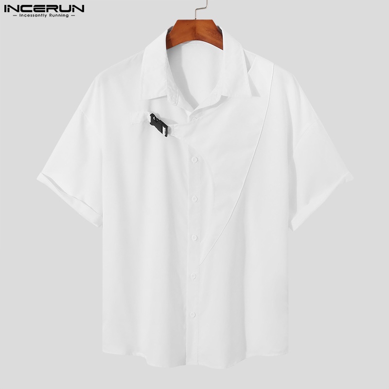 INCERUN Áo Sơ Mi Tay Ngắn Cài Khuy Thiết Kế Bất Đối Xứng Thời Trang Cá Tính Cho