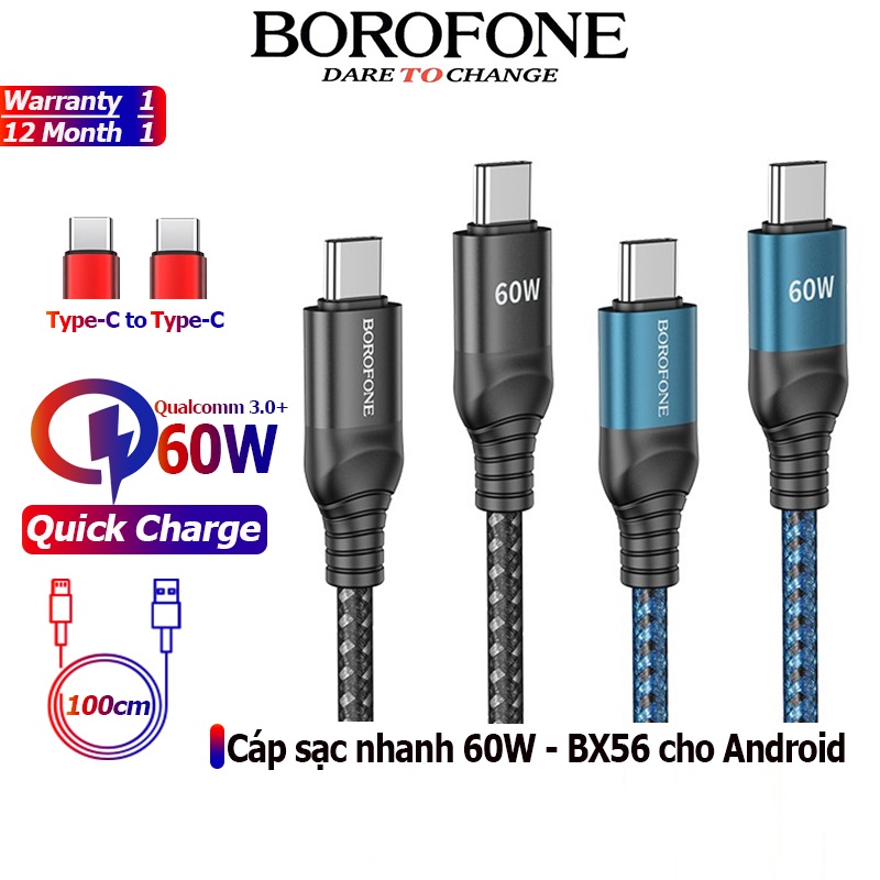 Dây cáp sạc nhanh BOROFONE BX56 dòng 60W, vào Type-C ra Type-C cho Android dài 1m - Chính hãng