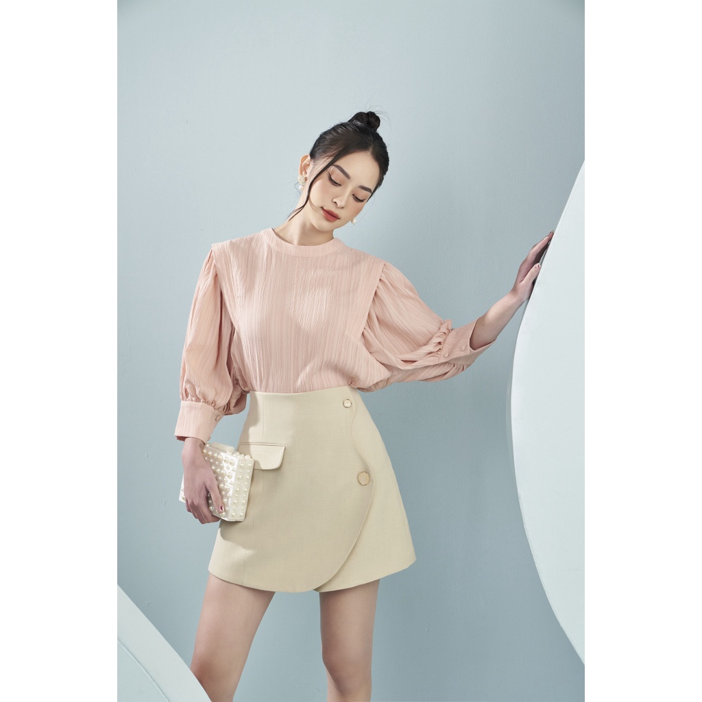 MOLLYNISTA  - Áo Gina gân cổ tròn tay bồng quyến rũ nữ tính thiết kế cao cấp đi chơi đi tiệc gợi cảm