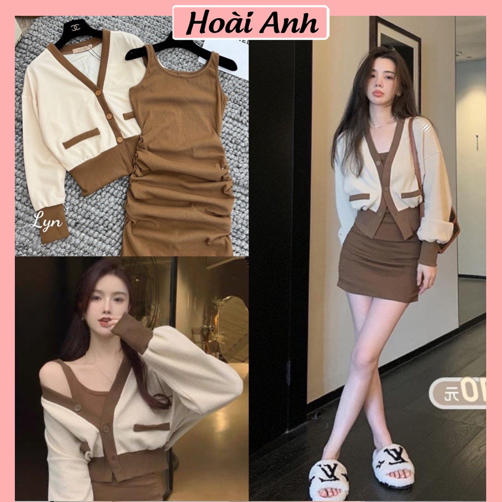 Set 2 Món Nữ Váy Đầm Body Tăm Mix Áo Khoác Cadigan Dài Tay Màu Nâu Be Hottrend