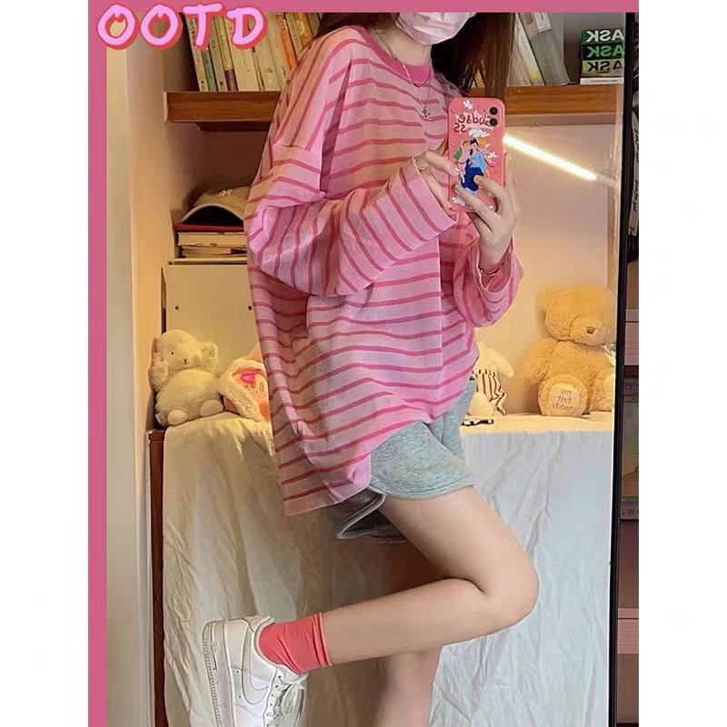 Áo Thun Tay Dài Cổ Tròn Dáng Rộng Họa Tiết Kẻ Sọc Dễ Phối Đồ Phong Cách Hàn Quốc Dễ Thương Cho Nữ
