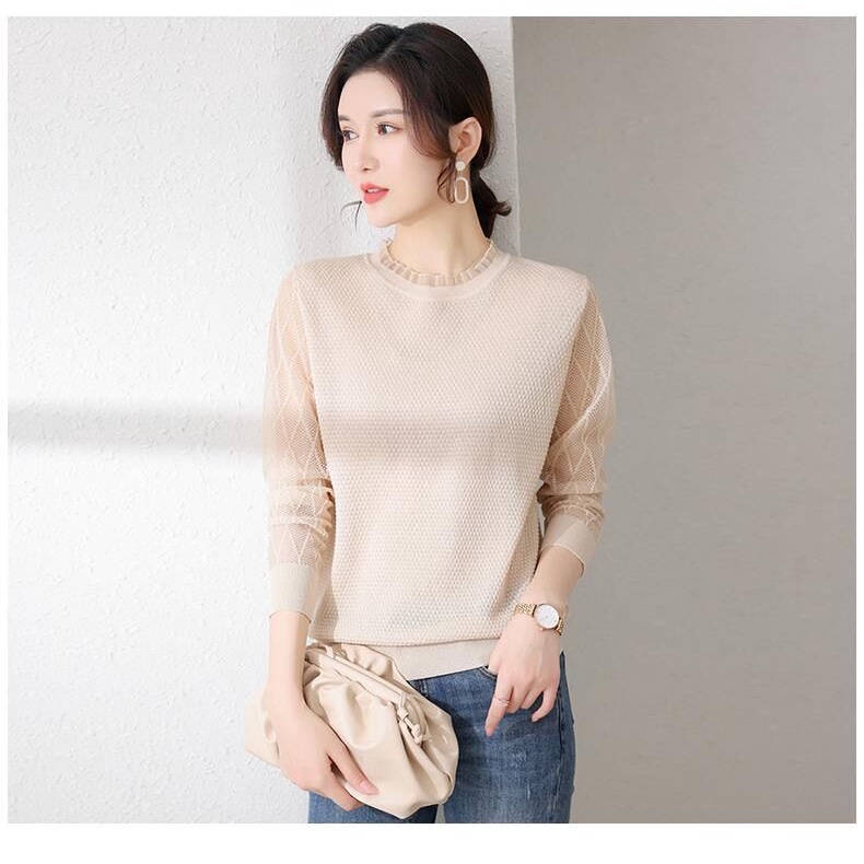 Áo Dệt Kim Cổ Tròn Phối Ren Mỏng Thời Trang Mùa Thu Cho Nữ