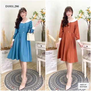 Đầm Nữ NHẬT VY Phối Nút Xếp Ly Eo Chất Liệu Lụa Xước Công Sở Dáng Xòe Màu Cam, Xanh - D1931