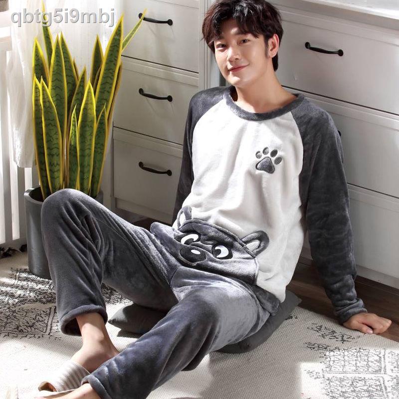 Bộ đồ ngủ nhung san hô dành cho nam giới mùa thu và đông phim hoạt hình dễ thương dày dặn cộng với sự ấm áp c
