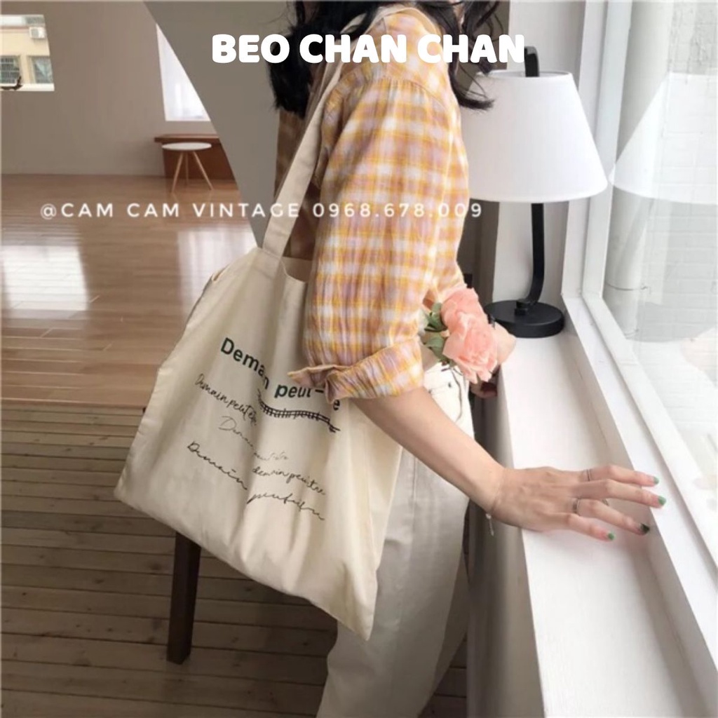 TÚI TOTE VẢI TÚI canvas TRẮNG NGÀ VINTAGE IN CHỮ XANH CAM CAM