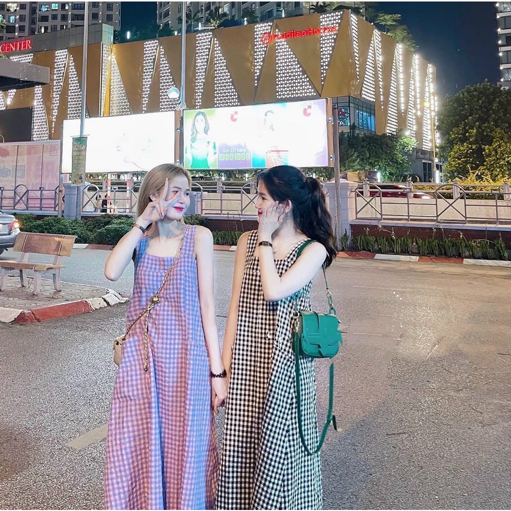 Váy suông đũi xốp kẻ karo đen hồng xanh vàng 2 dây