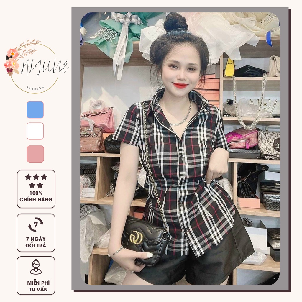 Áo sơ mi nữ kiểu sọc caro tay ngắn có túi HIJUNE SM10