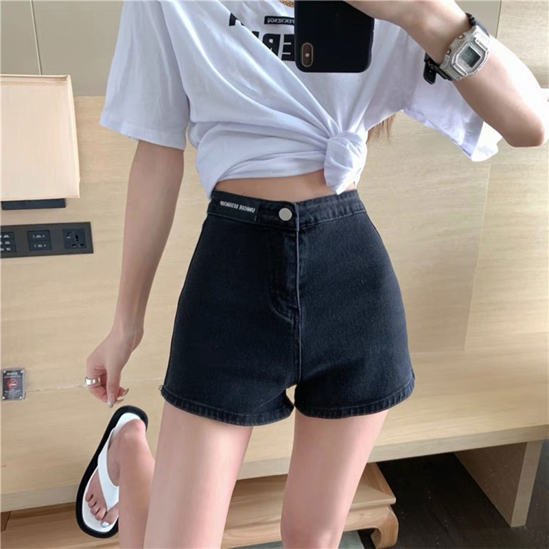 Quần Short Jean Chữ A Lưng Cao Màu Trơn Phối Nút Khóa Kéo Trước Cá Tính Cho Nữ