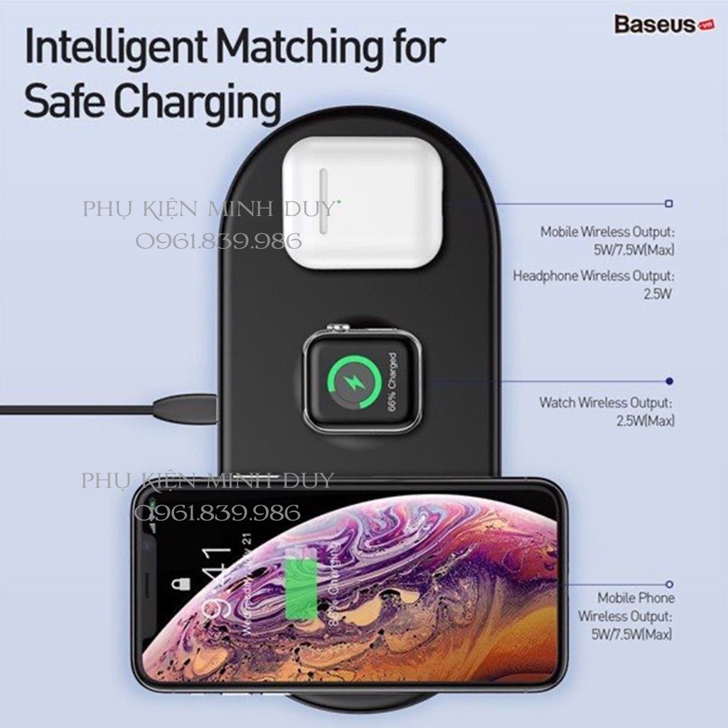 Đế sạc không dây Baseus Smart 3 in 1 Wireless Charger For Phone, Apple Watch, Airpods 18W Max Wireless Quick Charger