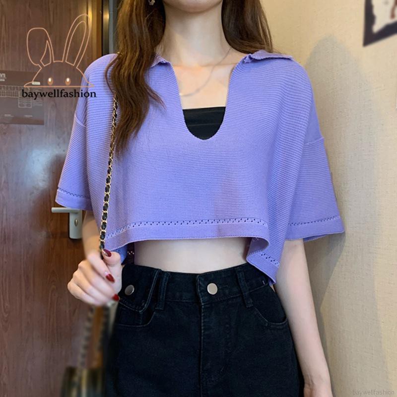 [ Mã 66CBSALE giảm 30K đơn 200K] Áo Croptop Dệt Kim Tay Ngắn Thiết Kế Cổ Chữ V Quyến Rũ | BigBuy360 - bigbuy360.vn
