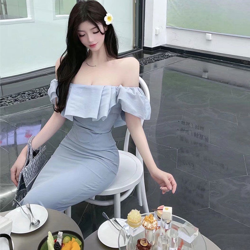 Yujie Đầm Voan Ống Dài Vừa Vai Xếp Ly Nhẹ Nhàng Phong Cách Mature