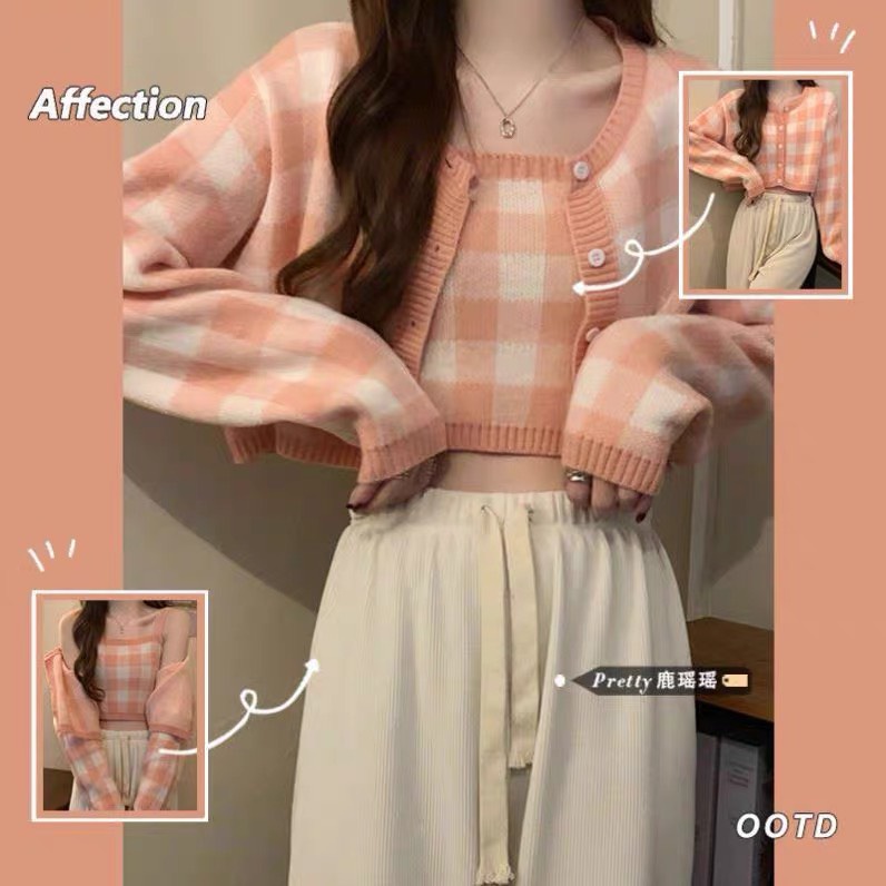 Sét áo cardigan khoác ngoài và áo dây họa tiết ô vuông B05, áo khoác cardigan lennhiều màu, dáng croptop cực dễ phối đồ.