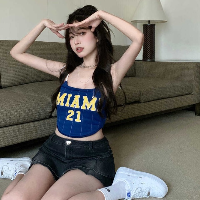 Dây rút màu xanh gợi cảm Top Tank Top Thời trang nữ