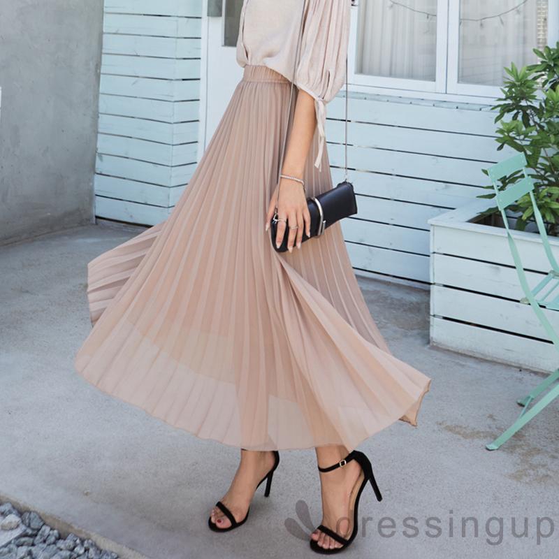 Chân váy maxi chiffon xếp li màu đỏ