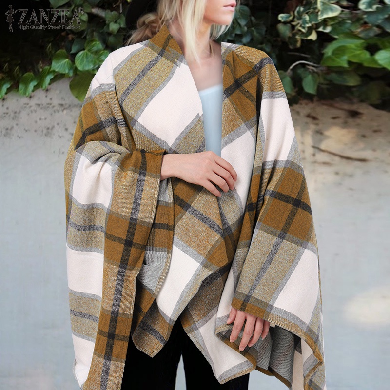 Áo choàng ZANZEA dáng rộng cổ chữ V lai không cân xứng in họa tiết sọc caro đơn giản cho nữ | BigBuy360 - bigbuy360.vn