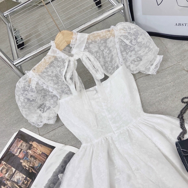 ĐẦM VOAN HOA NỔI CỘT NƠ SAU KÈM CLIP THẬT