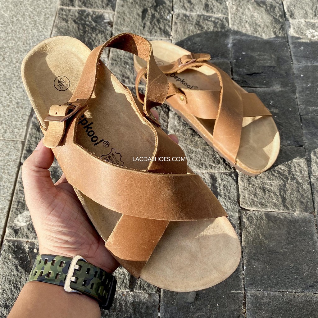 Sandal Lacda nam nữ đế trấu quai chéo vintage nâu da bò thật