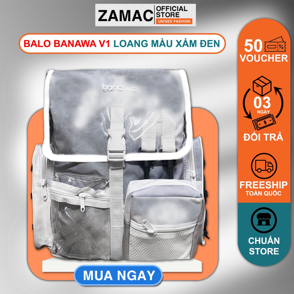 Balo Banawa loang xám phản quang ZAMAC cặp đi học nhiều ngăn trong suốt Ulzzang ZB7