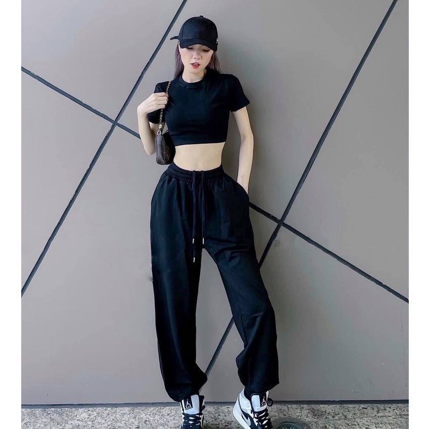 Set bộ croptop trơn RUBY HOUSE86 áo croptop trơn, quần chun ống,2 màu Đen, Trắng, chất dầy mịn mát