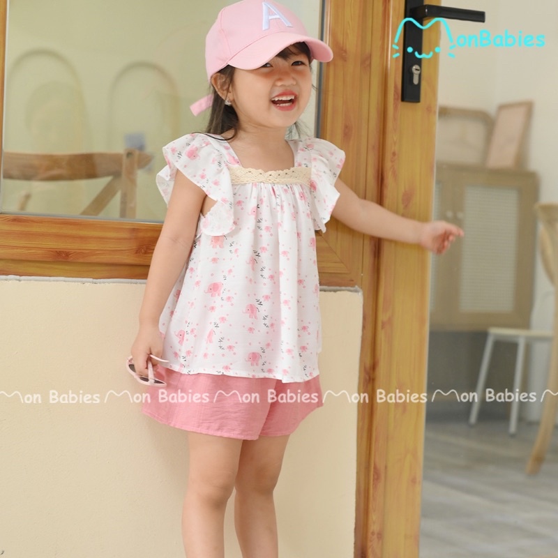 Quần áo bé gái 1-6 tuổi chất đũi tằm họa tiết voi con MonBabies VL74 - Bộ cộc tay bé gái thời trang cao cấp chính hãng