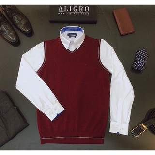 Áo len gile nam Aligro đỏ đô kẻ viền