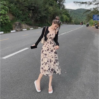 Đầm lụa 2 dây có mút ngực kèm áo khoác thun gân đen siêu hot