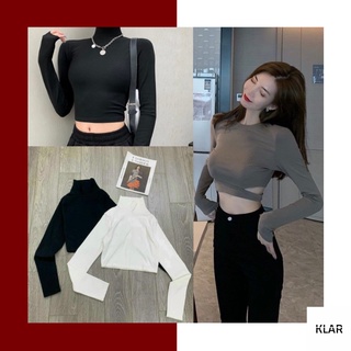Áo croptop thun tăm cao cổ - Áo croptop dài tay khoét eo