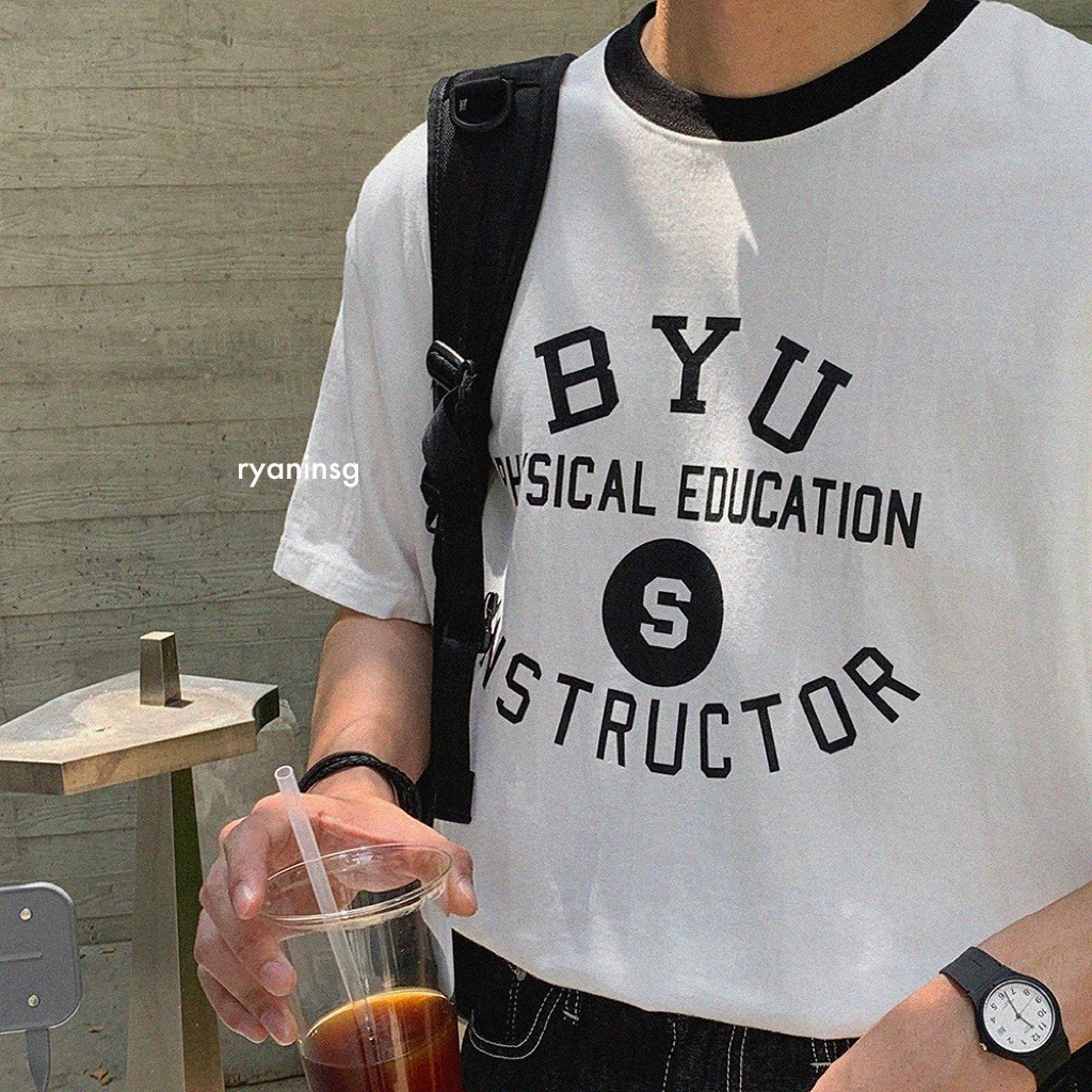 RYAN - Áo thun nam BYU ngắn tay vải cotton cổ bo tròn thương hiệu RYAN form rộng phong cách Hàn