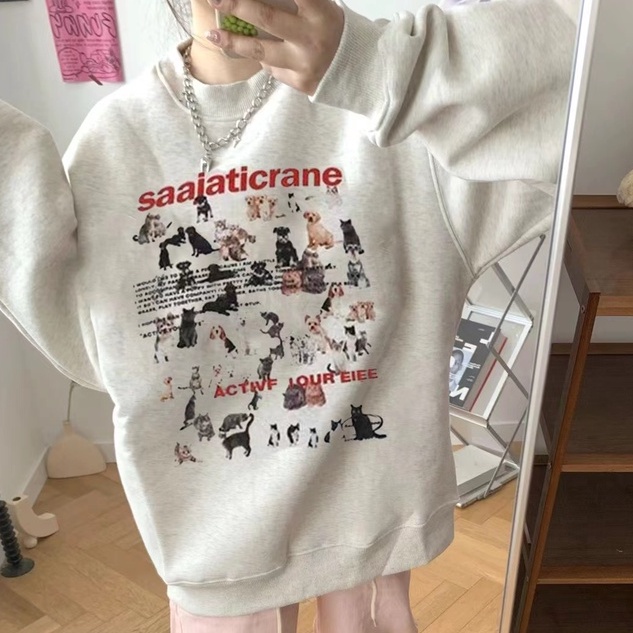 ZHELIHANGFEI Áo Sweater Tay Dài Cổ Tròn Dáng Rộng In Họa Tiết Xinh Xắn