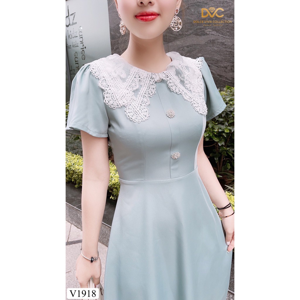 Váy xanh xòe cổ ren V1918 - Đẹp Shop DVC (Kèm ảnh thật trải sàn do shop tự chụp)