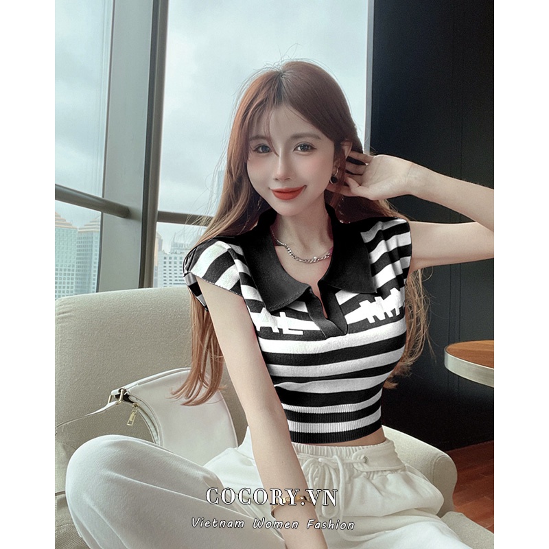 Cocory vn Áo Croptop Dệt Kim Sát Nách Cổ Polo In Chữ Quyến Rũ Thời Trang Mùa Hè 5 Màu Sắc Tùy Chọn Dành Cho Nữ