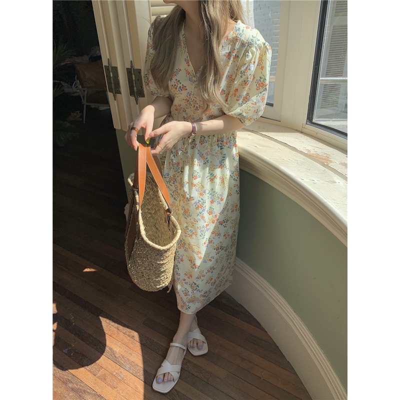 Váy babydoll dáng dài đầm hoa tay phồng xuân hè 2022 thiết kế mới kiểu Pháp Kozoda D57