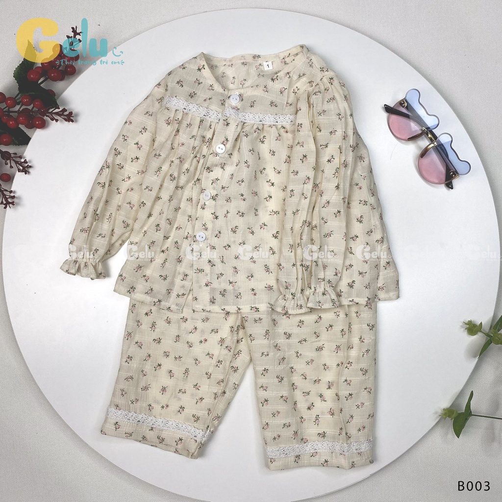 Bộ thu đông cho bé Gelu Kids, đồ ngủ mùa thu hoa nhí chất linen cổ viền ren cho bé gái-GLB003