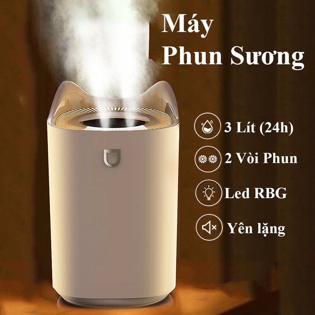 Máy phun sương tạo độ ẩm 2 lưới lọc Phun 3 chế độ, 3000 ml, Sạc USB, Đèn ngủ LED ,BH 3 THÁNG 1 đổi 1trong 7 ngay dau