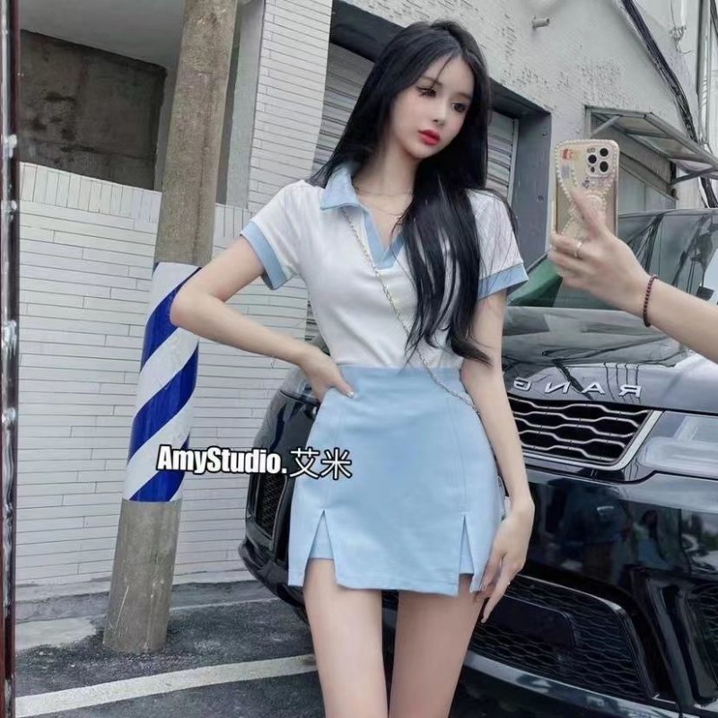 Quần váy Set Áo Sơ Mi polo Ngắn Tay Màu Sắc + Chân Váy Ôm Dáng Thời Trang Dành Cho Nữ