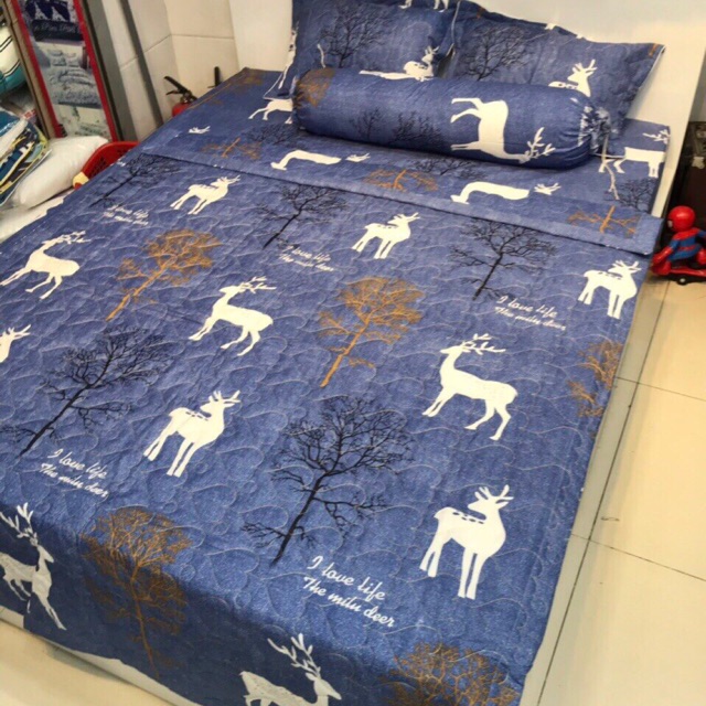 Bộ grap giường 5 món [ ẢNH THật ] mẫu Nai xanh m6.2m