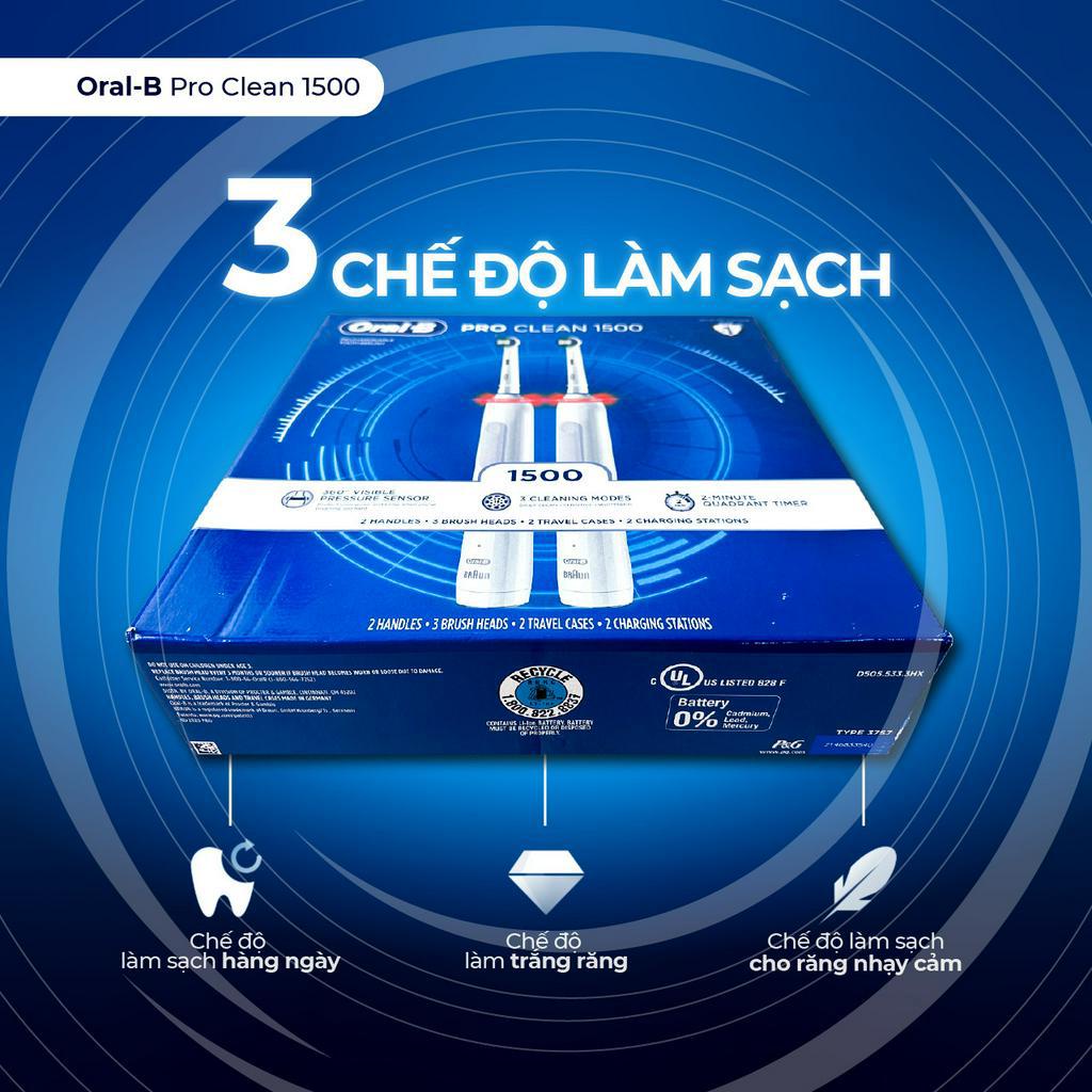 Bàn Chải Điện Oral-B Pro Clean 1500 - Combo Cặp Đôi, 2 Thân chải, 3 Đầu Thay &amp; 2 Travel Case, 3 Chế Độ, Made In Germany